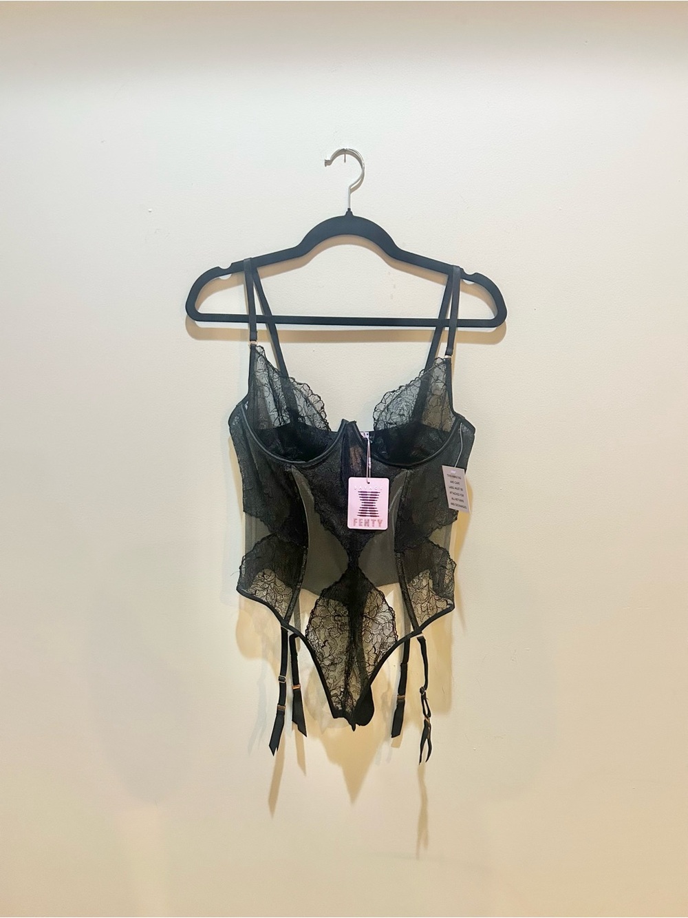 Savage X Fenty Black Lace Bustier Bodysuit with Garters Sz L